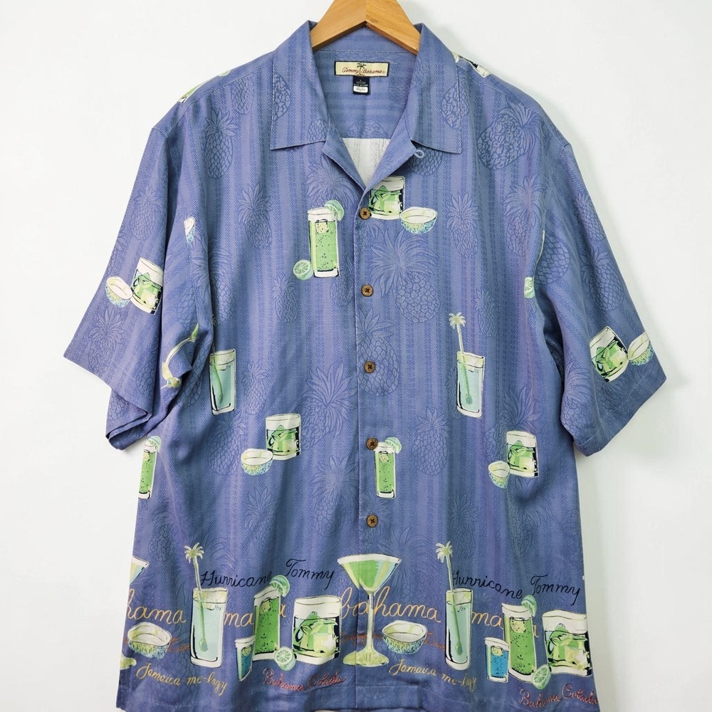 Tommy Bahama Silk Camp Shirt Mens L Blue Hawaiian Cocktail Hula Girl On The Back